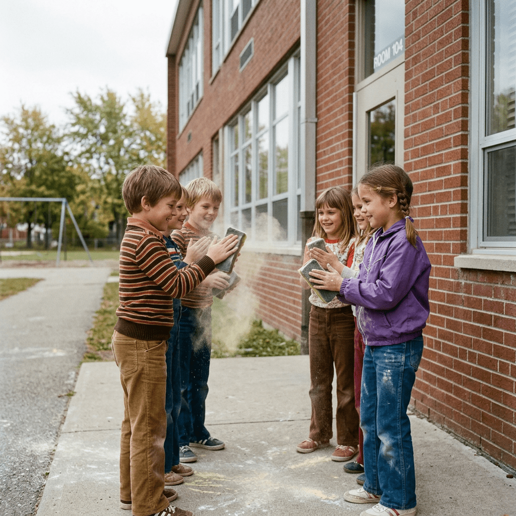 Five children conduct a powder experiment outside a brick school building.