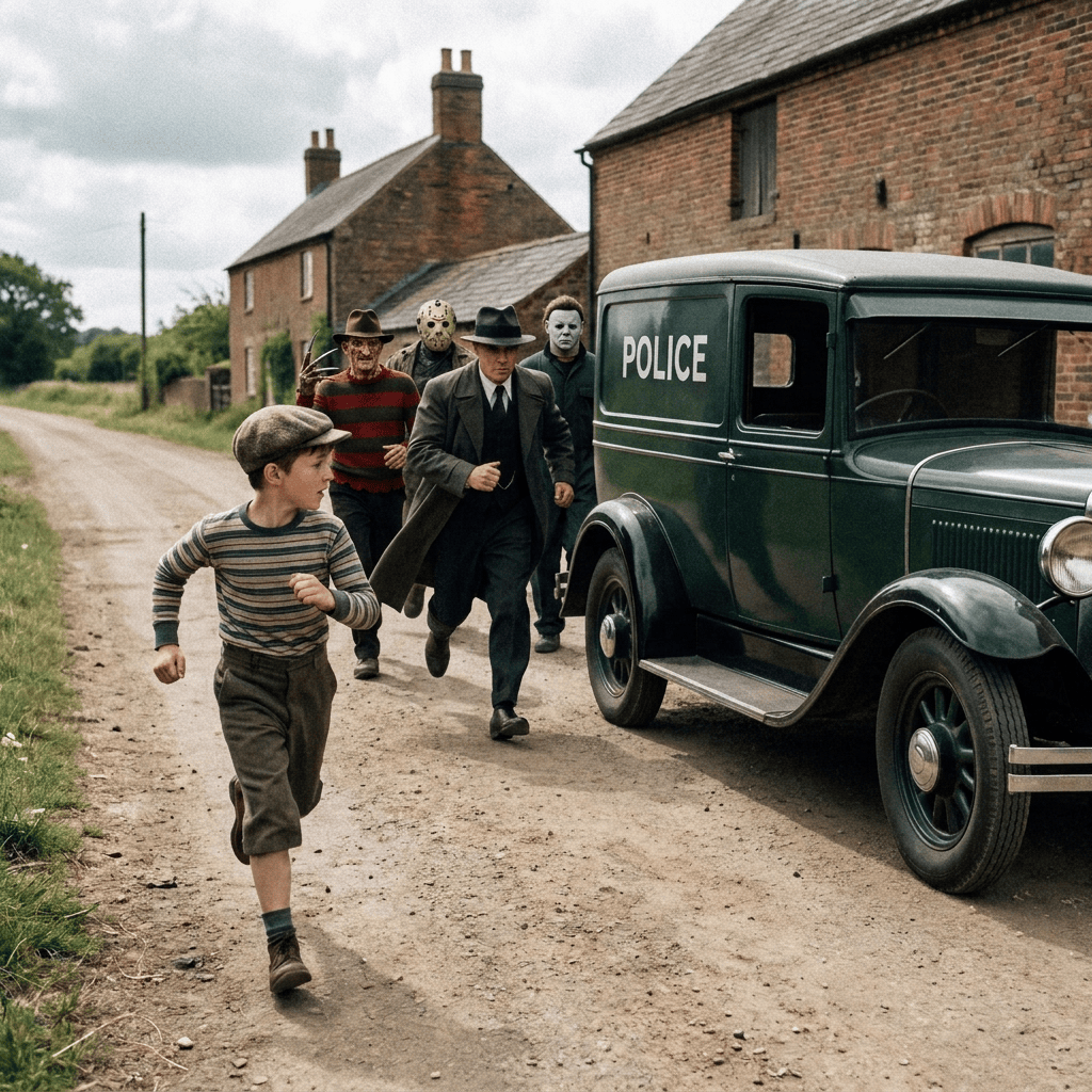 Boy running past vintage police car while a policeman follows