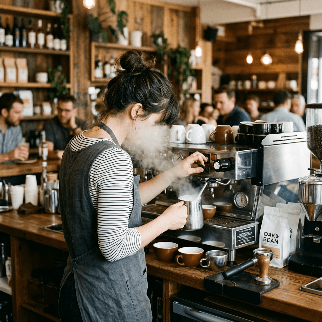 Barista steaming milk beside an espresso machine in a busy café
