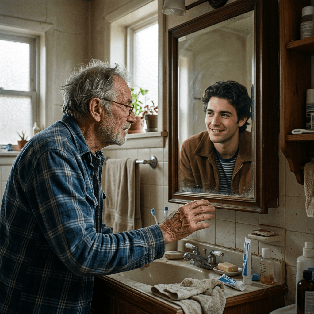 Older man facing a mirror with a younger-looking reflection