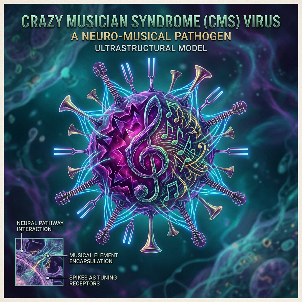 CRAZY MUSICIAN SYNDROME (CMS) VIRUS; A NEURO-MUSICAL PATHOGEN; ULTRASTRUCTURAL MODEL; central virus with musical instruments, notes, and labels NEURAL PATHWAY INTERACTION, MUSICAL ELEMENT ENCAPSULATION, and SPIKES AS TUNING RECEPTORS.