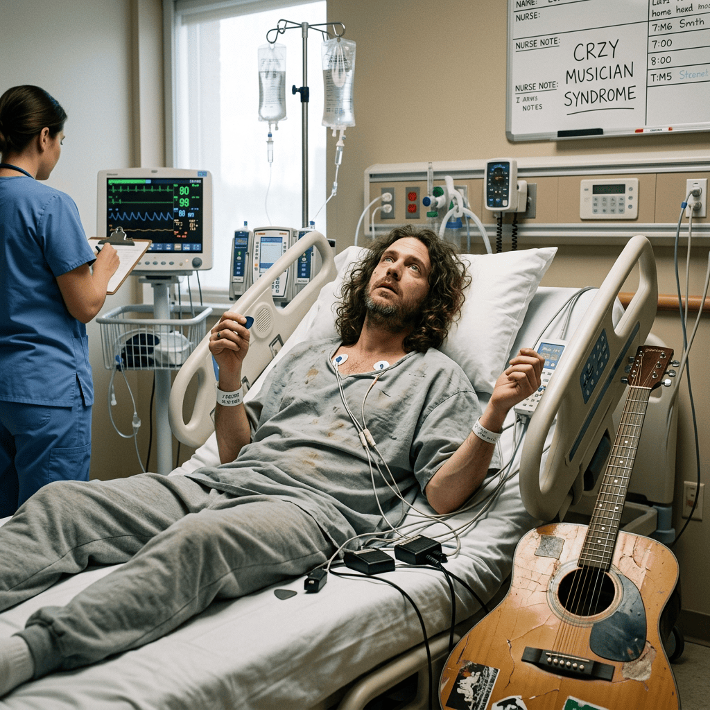 Hospitalized man with guitar, IVs, and nurse beside cardiac monitor