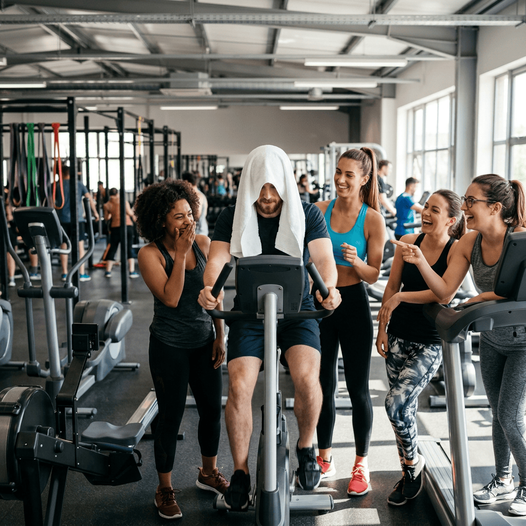 Friends laughing beside a man exercising on a stationary bike