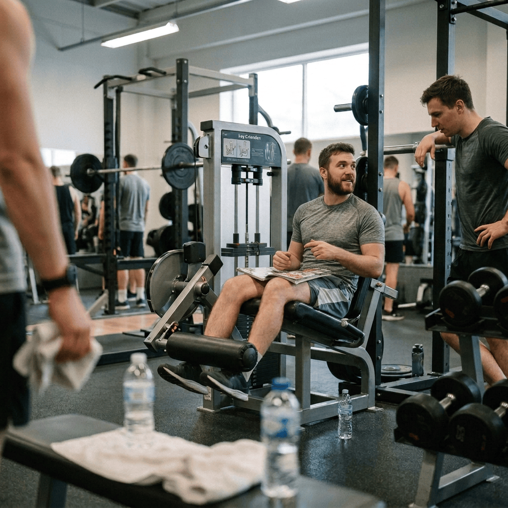 Two men talking beside a leg-extension machine in a busy gym