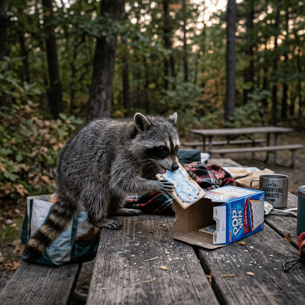 Raccoon holding a frosted Pop-Tart beside an open box on a picnic table