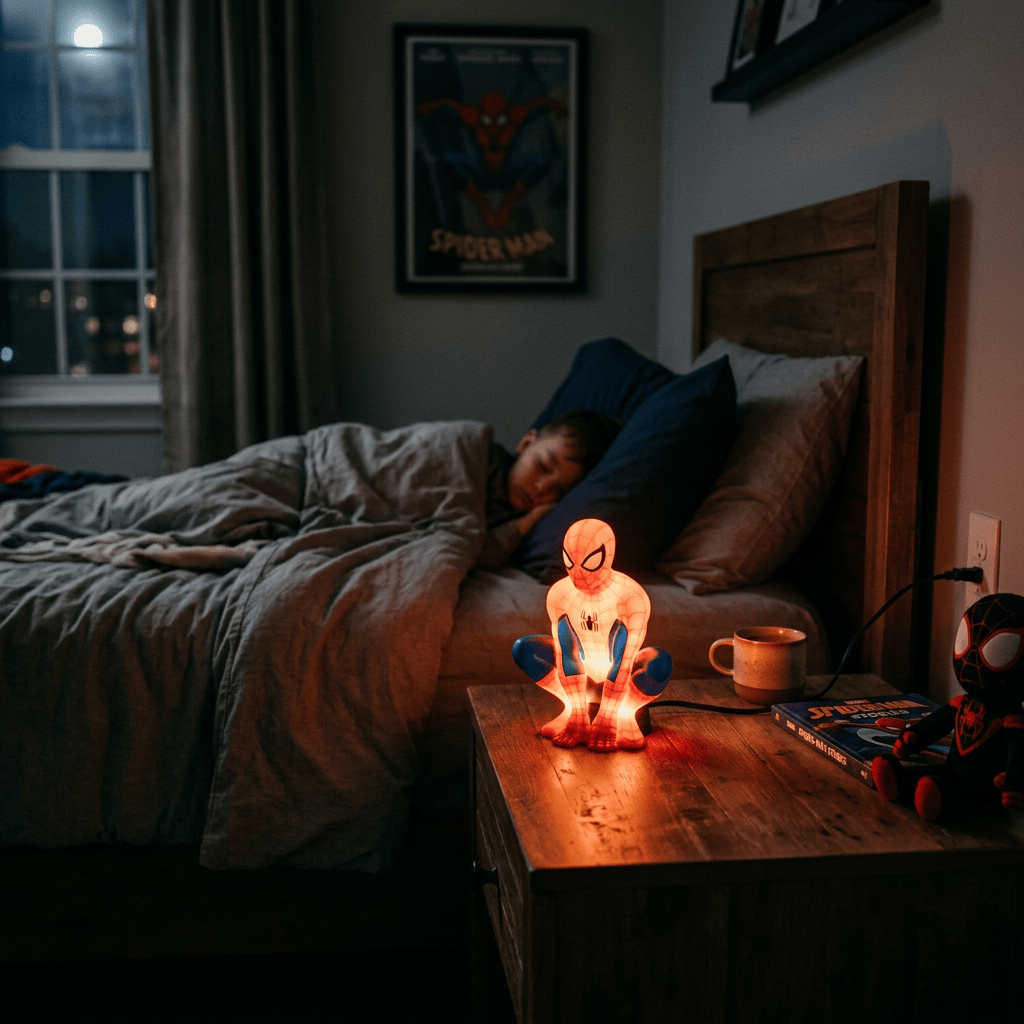 Sleeping child in bed beside a glowing Spider-Man lamp and coffee mug